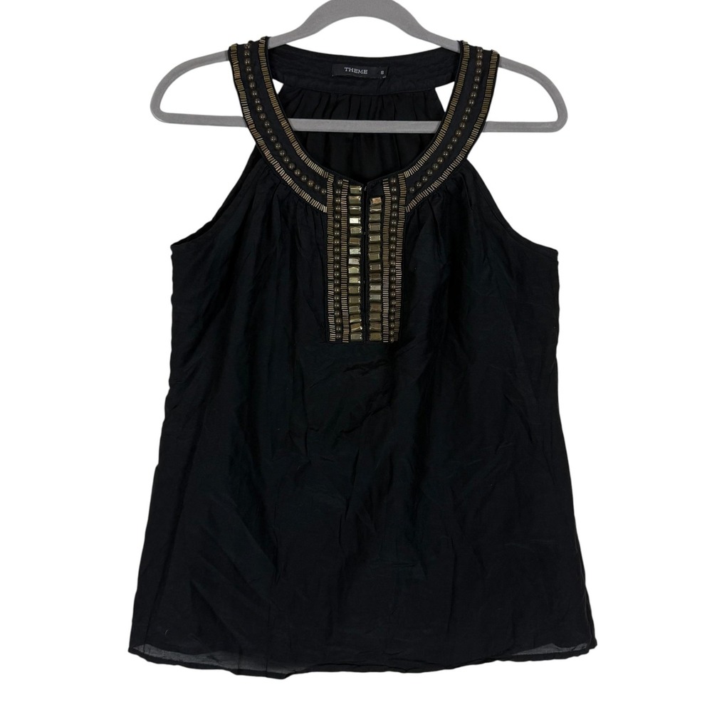 Theme Tank Top Womens Small Black Beaded Embellished Halter Lined Chiffon Party